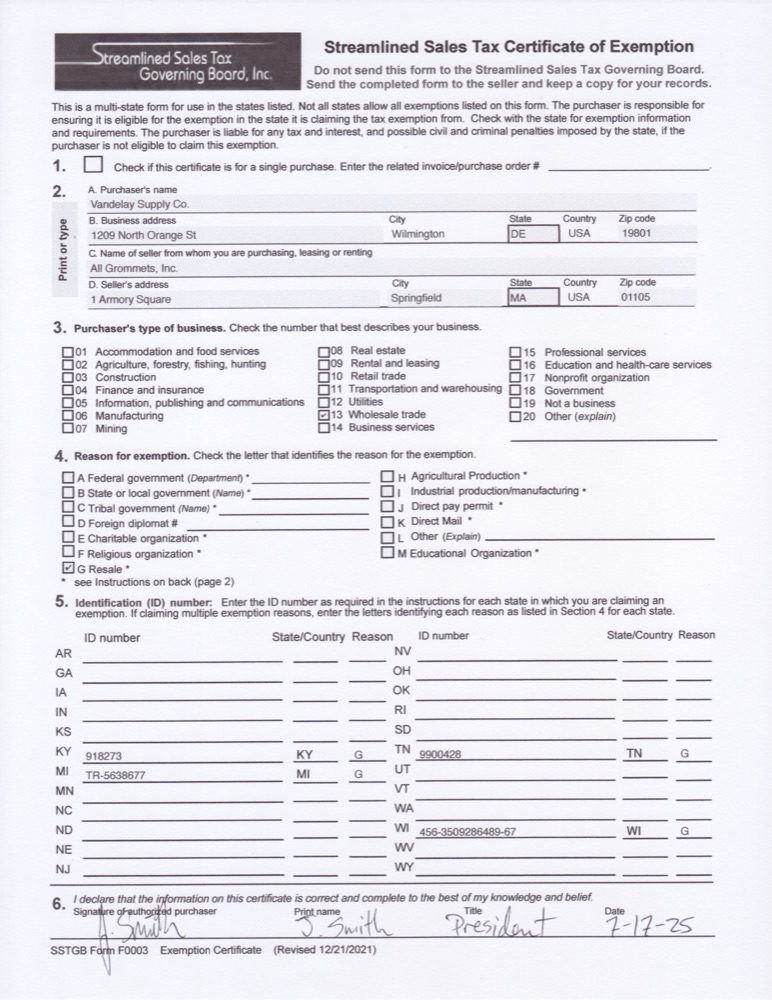 Sample SST F0003 multi-state certificate
